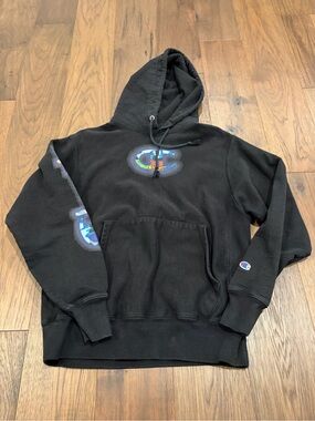 Champion Reverse Weave Black Hoodie Multi-Color City Skyline Graphic Mens Medium